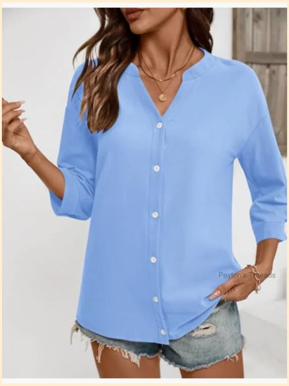 Cotton Linen Button Down Shirt 3/4 Sleeve V Neck Loose Fit Blouse - Picture 5 of 7